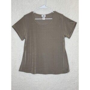 Jostar Shirt Womens Medium Taupe Brown Short Sleeve Scoop Neck Made USA Top Soft